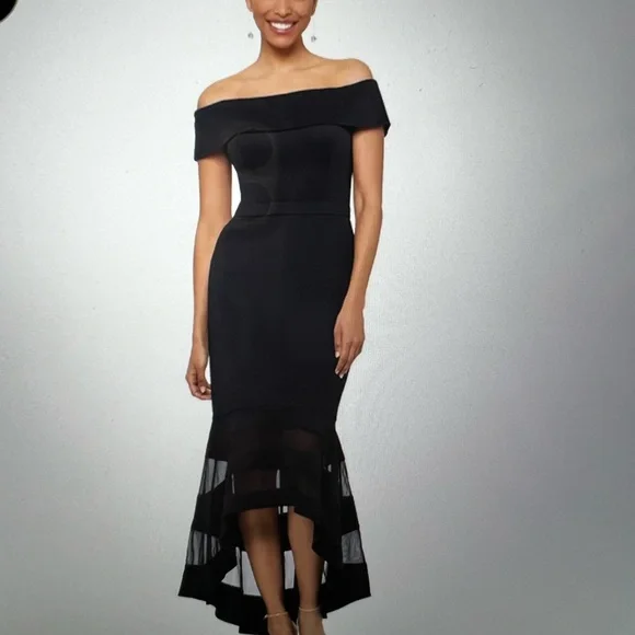 Xscape | Dresses | Xscape Black Offshoulder Cap Sleeve Cocktail Dress |  Poshmark